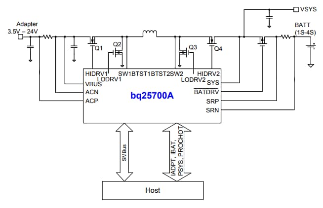 应用电路图 - Texas Instruments bq25700A降压-升压充电控制器